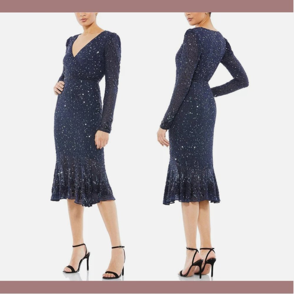 NWT $498 Mac Duggal Sequin Dress Embellished Hemline Midnight Blue [ SZ‎ 2 ]